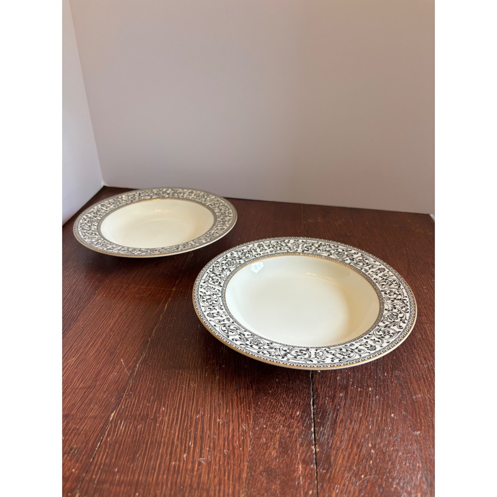 Sango China Spanish Lace 3757 Soup Bowls Set of 2 Black Scroll Gold Trim Japan